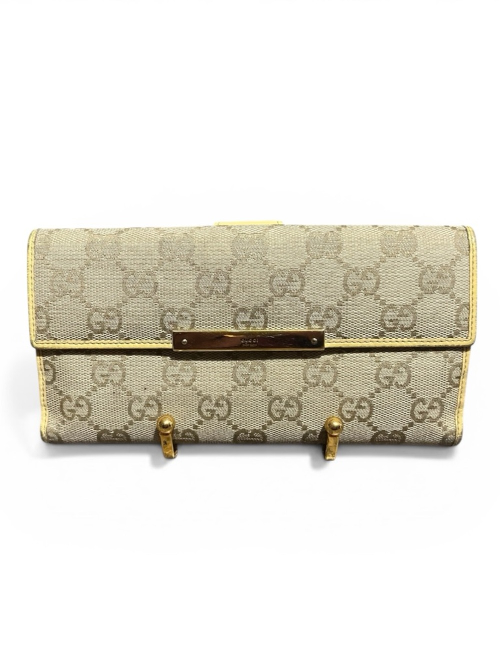 Gucci Beige Monogram GG Continental Wallet with Yellow Trim Authentic